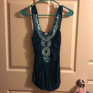 Teal summer blouse with sequins